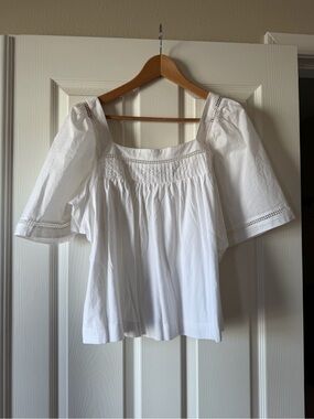 Banana Republic White Square Neck Pintuck Puff Sleeve Lace Blouse